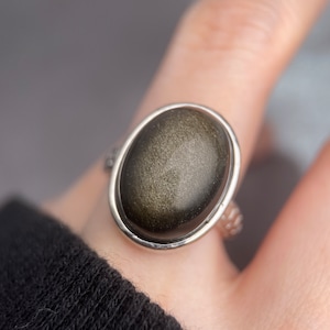 Golden Sheen Obsidian Ring, Gold Obsidian Ring, Protection Crystal Jewelry, Black Obsidian, Silver Obsidian Ring, Bezel Ring, Chonky Ring