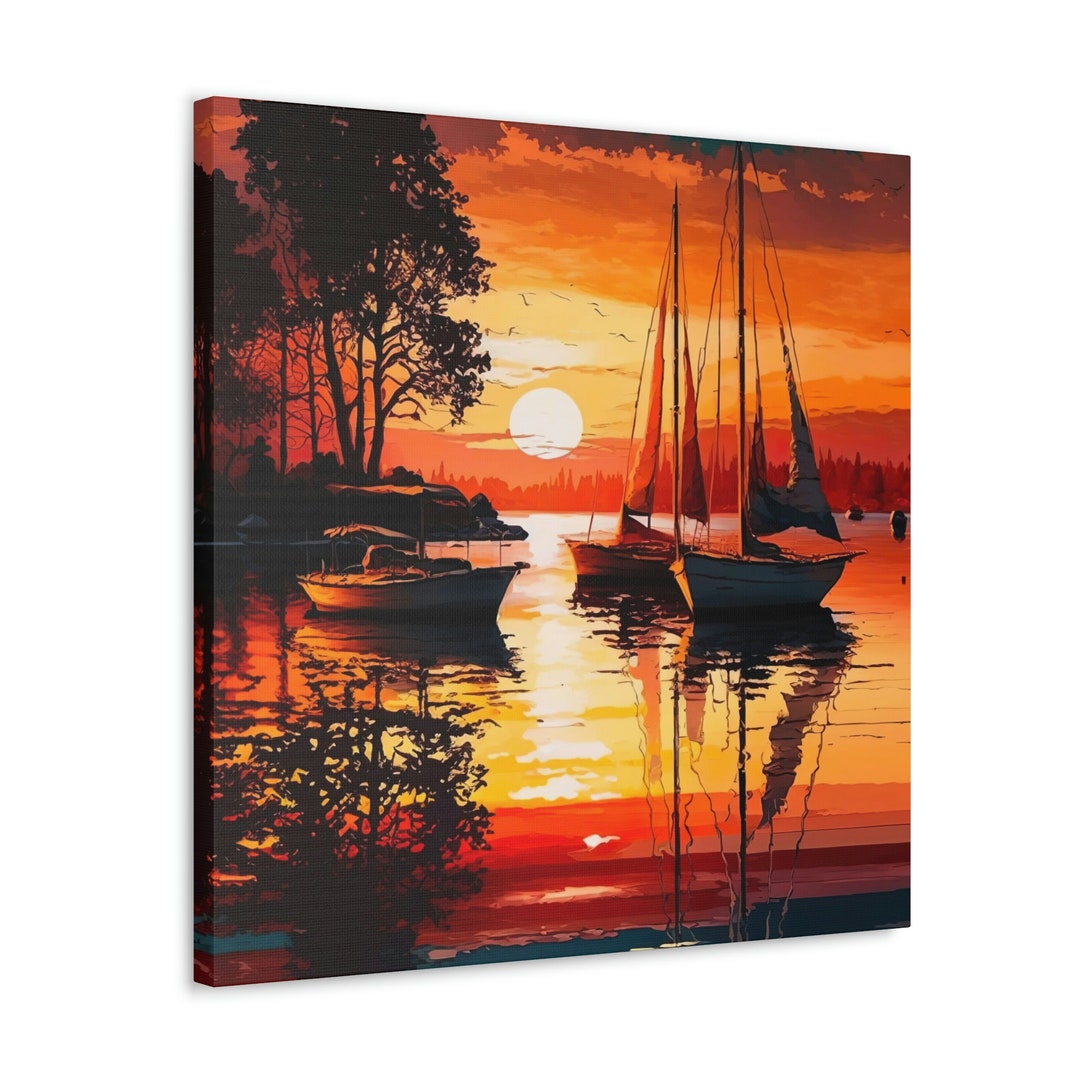 Sailboat Sunset Water Painting Canvas Gallery Wraps Etsy