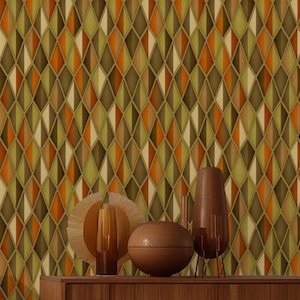 Removable Wallpaper 70s Retro Peel & Stick Geometric Mid-Century Modern Wall Paper Dusty Yellow Green Boho Wall Covering for Accent Walls
