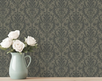 Olive Green Damask Wallpaper Victorian Ornate Removable Wall Covering Moss Green Floral Elegant Living Room Walls Bedroom Interior Design