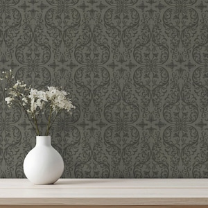 Vintage Damask Wallpaper Green Peel & Stick Olive Wall Decor English Cottage Style Removable Wall Covering Dark Sage Bedroom Accent Walls