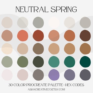 以下が含まれることがあります： 5行6列のグリッドに30色が配置されたデジタルカラーパレット。色は、ニュートラル、ブラウン、グリーン、パープルがミックスされています。画像の上部に「NEUTRAL SPRING」というテキストがあります。画像の下部に「30 COLOR PROCREATE PALETTE: HEX CODES」というテキストがあります。画像の下部に「ASHACREATIVECOETSY.COM」というテキストがあります。