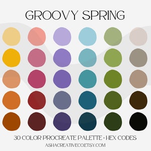 以下が含まれることがあります： 30色のプロクリエイトパレットのデジタルイラストで、16進数のコードが記載されています。パレットには、黄色、オレンジ、赤、紫、青、緑、茶色など、さまざまな色が含まれています。色は5つずつ並べてあり、各色は円形で表されています。