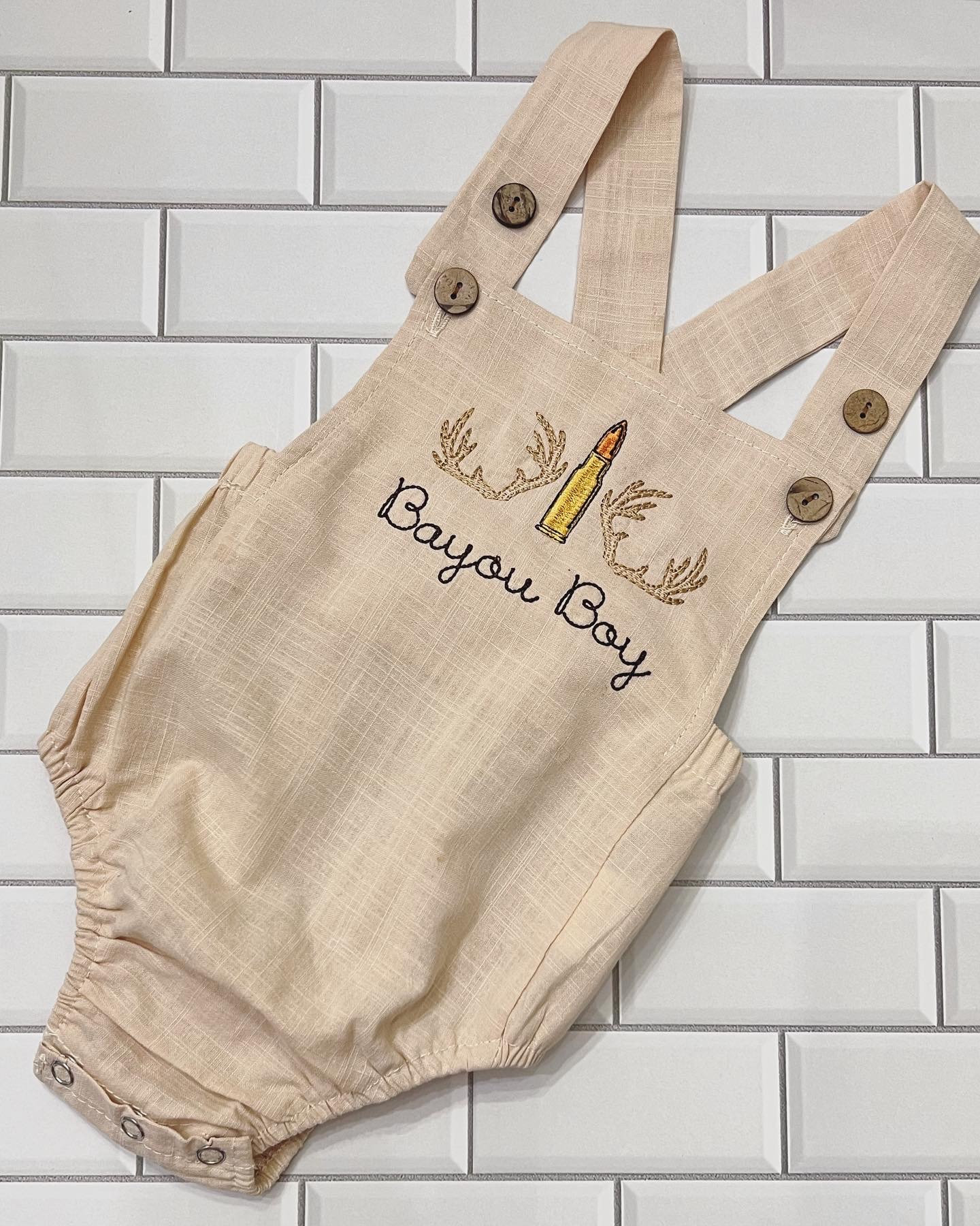 Ready to Ship, 612 Months Linen Bubble, Boys Hunting, Deer Hunting, Baby Boy Bubble, Boy's