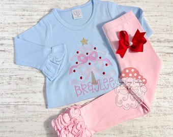 Girls Christmas Outfit; Embroidered Christmas shirt with matching ruffle pants