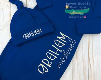 Boys Monogram Newborn Gown Set, Personalized Embroidery Outfit
