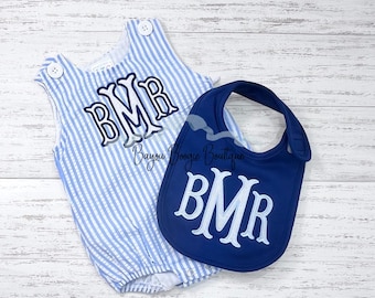 Monogrammed Seersucker Baby Boy Bubble, Embroidered Newborn Outfit