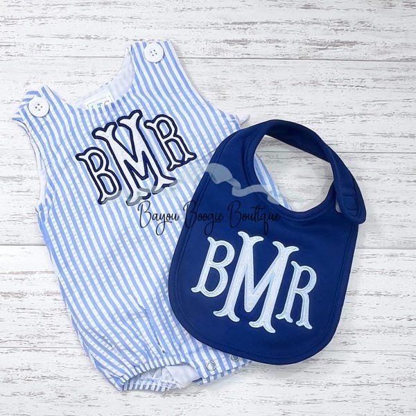 Bulle bébé garçon en seersucker à monogramme, tenue brodée pour nouveau-né