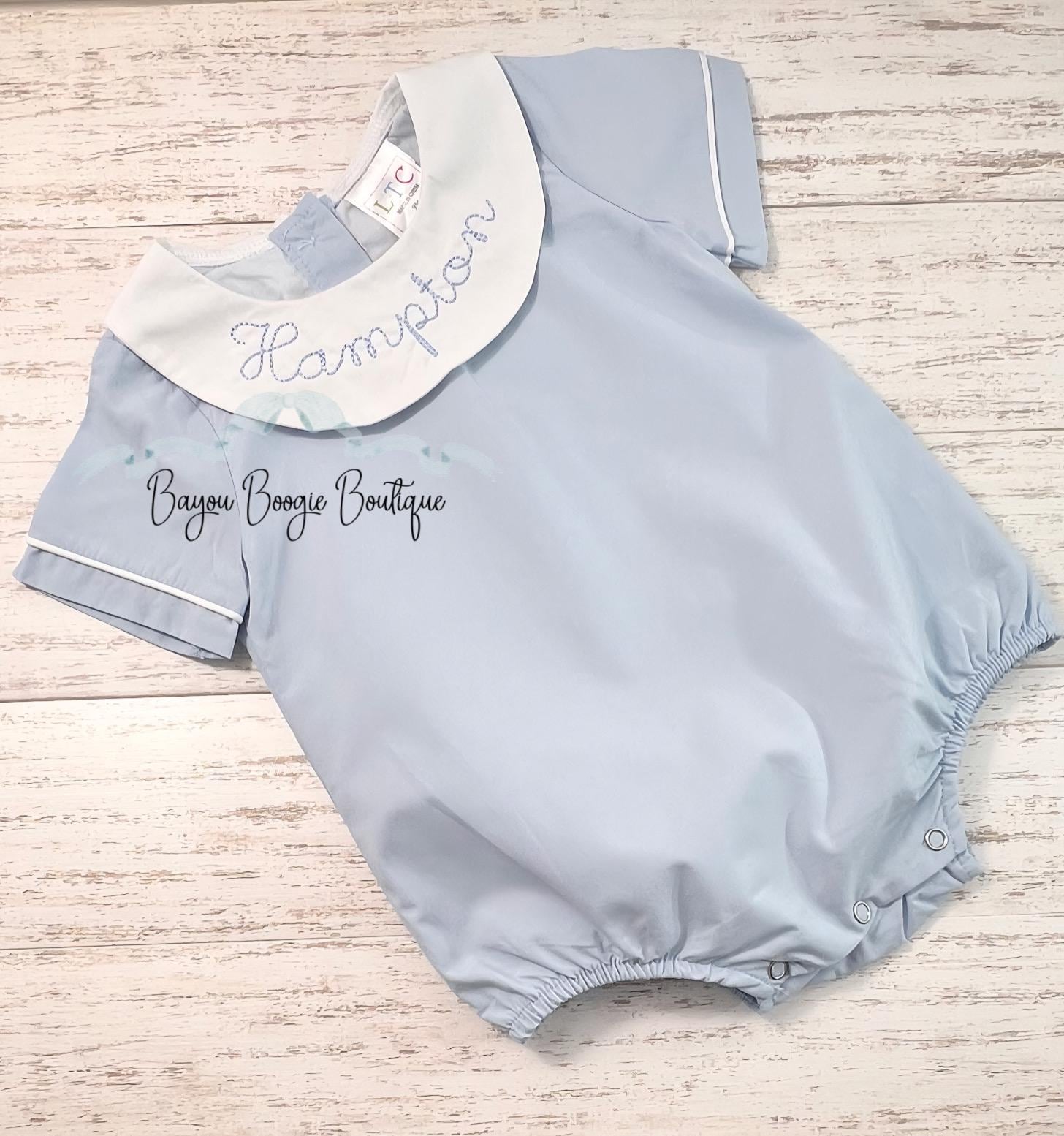 Embroidered Monogrammed Baby Boy Bubble Romper, Blue Cotton Bishop ...