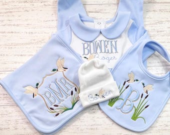 Newborn Boy Mallard Duck Embroidered Coming Home Outfit, Monogrammed Sleeper