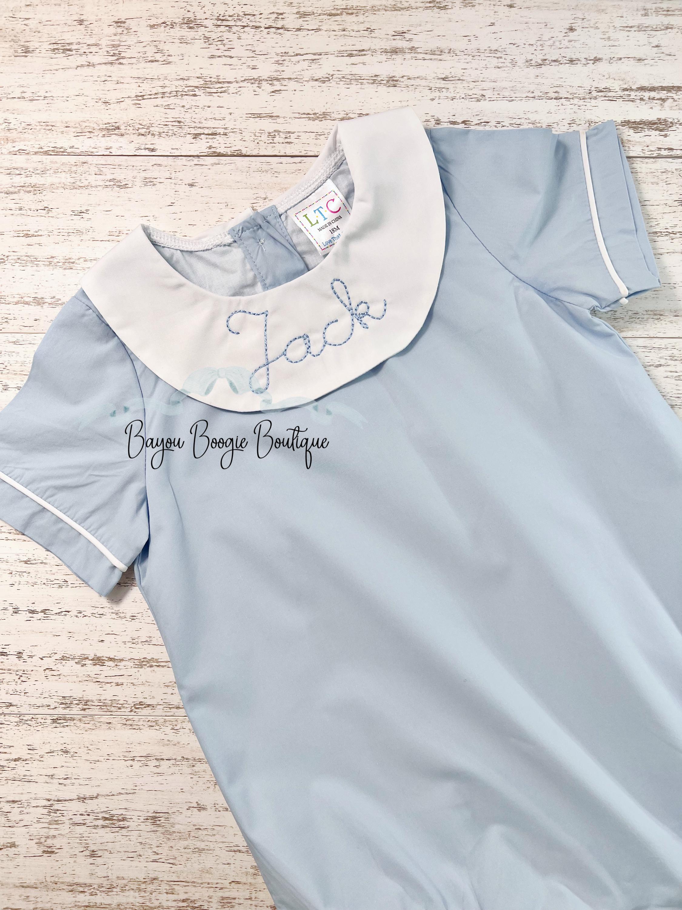 Embroidered Monogrammed Baby Boy Bubble Romper, Blue Cotton Bishop ...
