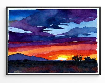 Abstract Desert Sunset Watercolor Print for Home Decor Digital Download Colorful Desert Landscape Sunset Wall Art Print for Nature Lovers