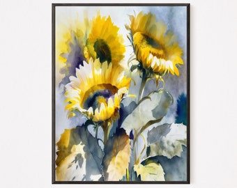 印刷可能な壁アート 水彩画ひまわり デジタルダウンロード 抽象的なひまわりアート 水彩画アート ホームデコレーション 印刷可能な抽象的なひまわりアート