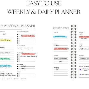 Puede incluir: Un planificador en blanco y negro con un diseño diario y semanal. La sección diaria incluye un horario, una lista de prioridades, un rastreador de ingesta de agua, una lista de tareas, un plan de comidas y una sección de enfoque. La sección semanal incluye un calendario con los días de la semana y espacio para escribir tareas. El planificador tiene una encuadernación en espiral.