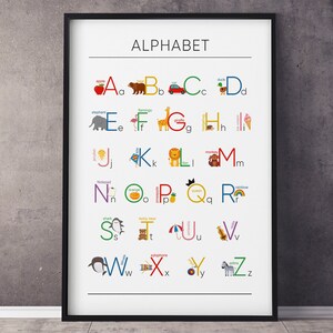 Impresión del alfabeto, arte mural del alfabeto, póster del alfabeto, póster de aprendizaje, alfabeto imprimible, arte mural para sala de juegos, imprimible para niños, guardería