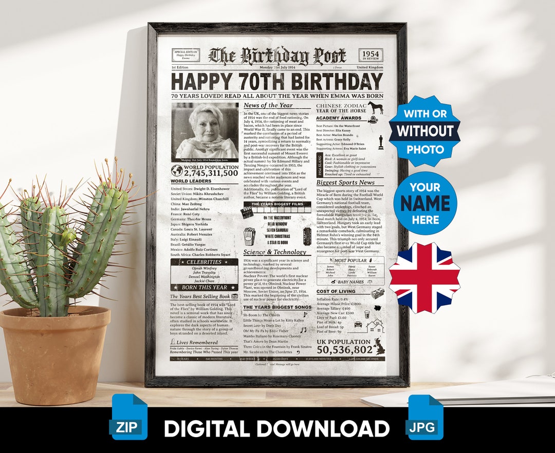 UK PRINTABLE: 70th Birthday Newspaper 1954 UK, 70th Birthday Gift for ...