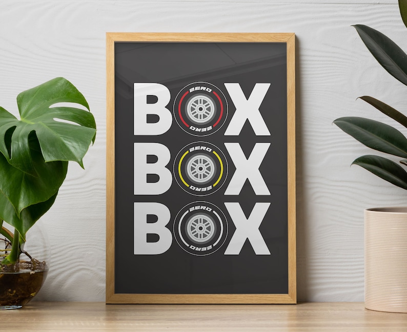 May include: A framed print with the word "BOX" repeated three times in white letters. Each "BOX" is centered above a black and yellow tire with the word "ZERO" printed on it.