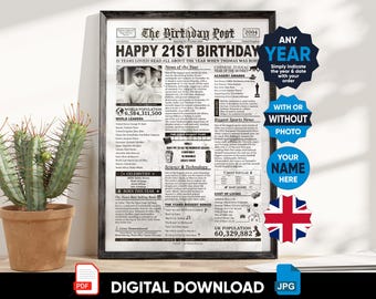 UK PRINTABLE | Birthday Newspaper Present | Year They Were Born | Birthday Sign | Born In Any Year | Birthday Decor | Unique Birthday Ideas
