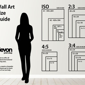 May include: A guide to standard international print sizes for wall art, including ISO, 2:3, 3:4, and 4:5 ratios. The guide shows the dimensions in inches and millimeters. The text includes the phrase "devon print shop".