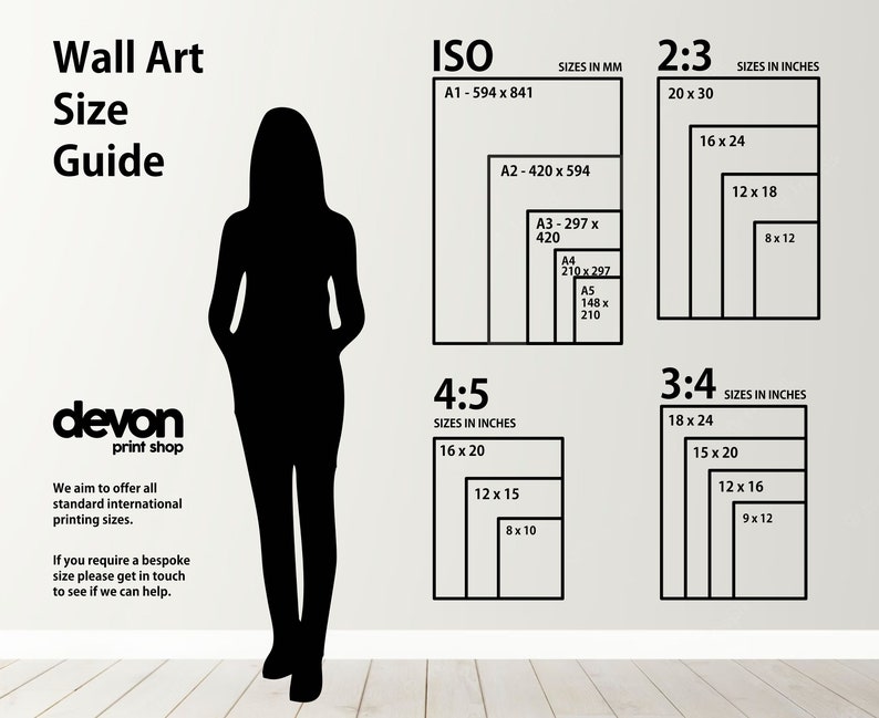 May include: A guide to standard international print sizes for wall art, including ISO, 2:3, 3:4, and 4:5 ratios. The guide shows the dimensions in inches and millimeters. The text includes the phrase "devon print shop".