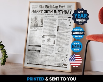 USA | Birthday Newspaper Present | The year They Were Born | Birthday Sign | Born In Any Year | Birthday Decor | Unique Birthday Ideas