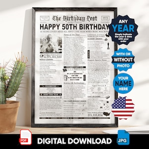 USA PRINTABLE | Birthday Newspaper Present | Year They Were Born | Birthday Sign | Born In Any Year | Birthday Decor | Unique Birthday Ideas