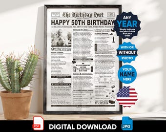USA PRINTABLE | Birthday Newspaper Present | Year They Were Born | Birthday Sign | Born In Any Year | Birthday Decor | Unique Birthday Ideas