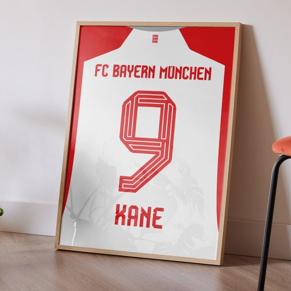 Harry Kane FC Bayern München Home Shirt Wandkunst Poster, Bayern München Wandkunst, Dekor, Kane Jersey Poster, Kane Shirt Poster