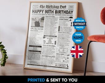 UK - 90th Birthday Present 1935 UK, 90th Birthday Gift for Men and Women, 1935 Newspaper Poster, Ago Back in 1935, Born in 1935