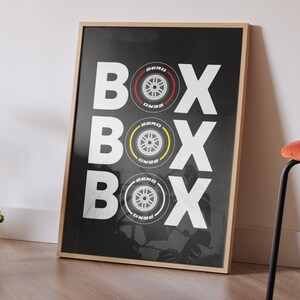May include: A black and white poster with the word "BOX" repeated three times. Each "BOX" has a black and yellow tire with the word "ZERO" printed on it.