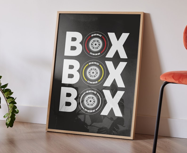 May include: A black and white poster with the word "BOX" repeated three times. Each "BOX" has a black and yellow tire with the word "ZERO" printed on it.