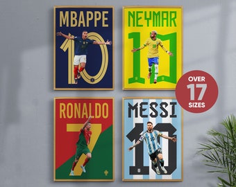 Set Of 4 Football Stars Prints - Messi, Ronaldo, Neymar, Mbappe - Soccer GOATS - Football Poster Prints - Best Football Players