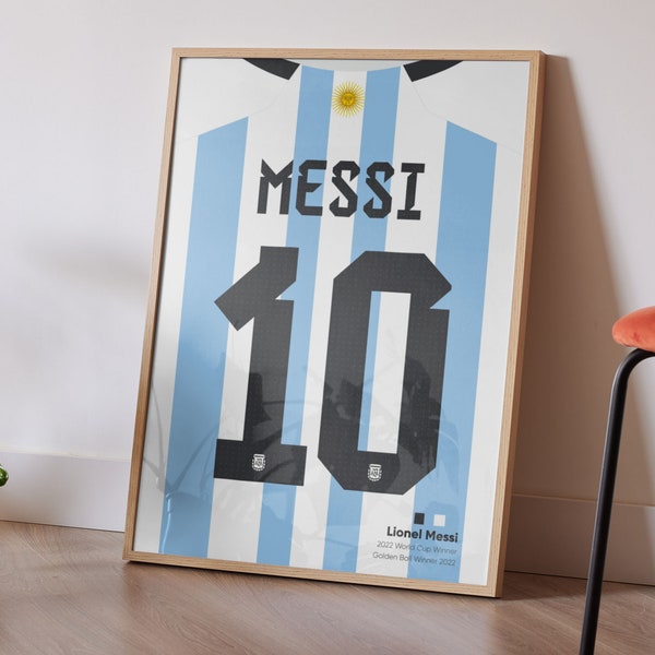 Messi Argentina World Cup Winner Football Home Shirt Jersey Wall Art Poster, Man Cave Art, Soccer Art, Football Shirt, Messi Shirt Poster