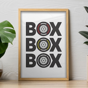 May include: A framed print with the word "BOX" repeated three times, each time with a different tire design in black, yellow, and red. The tires are labeled "ZERO"