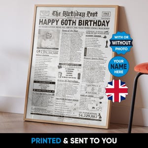 UK - 60.Geburtstag Geschenk 1965 UK, 60.Geburtstag Geschenk für Männer und Frauen, Zeitungsplakat 1965, Ago Back 1965, geboren 1965