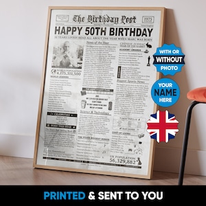 UK - 50th Birthday Present 1975 UK, 50th Birthday Gift for Men and Women, 1975 Newspaper Poster, Ago Back in 1975, Born in 1975