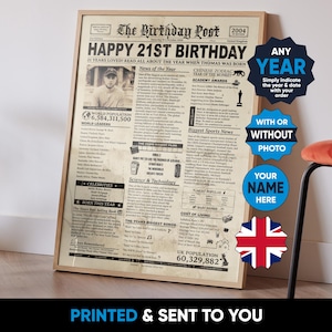 Reino Unido / Regalo de cumpleaños de periódico / En el año en que nacieron / Letrero de cumpleaños / Nacido en cualquier año / Decoración de cumpleaños / Idea de cumpleaños única