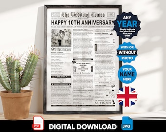 IMPRIMIBLE EN EL REINO UNIDO: Periódico de aniversario / Año de matrimonio / Aniversario / Casados en cualquier año / Fiesta de aniversario / Aniversario único