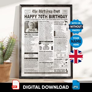 UK DRUCKBAR: 70er Geburtstagsgeschenk 1955 UK, 70er Geburtstagsgeschenk für Männer und Frauen, Zeitungsplakat 1955, Ago Back 1955, geboren 1955