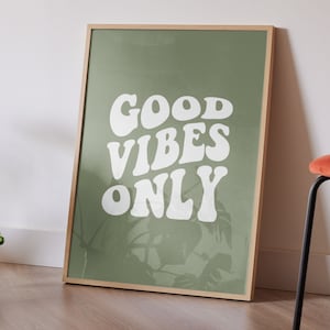 Póster de pared con burbujas de estilo retro verde salvia con frase «Solo buenas vibras» - Póster tipográfico - Decoración moderna para el hogar - Afirmación positiva