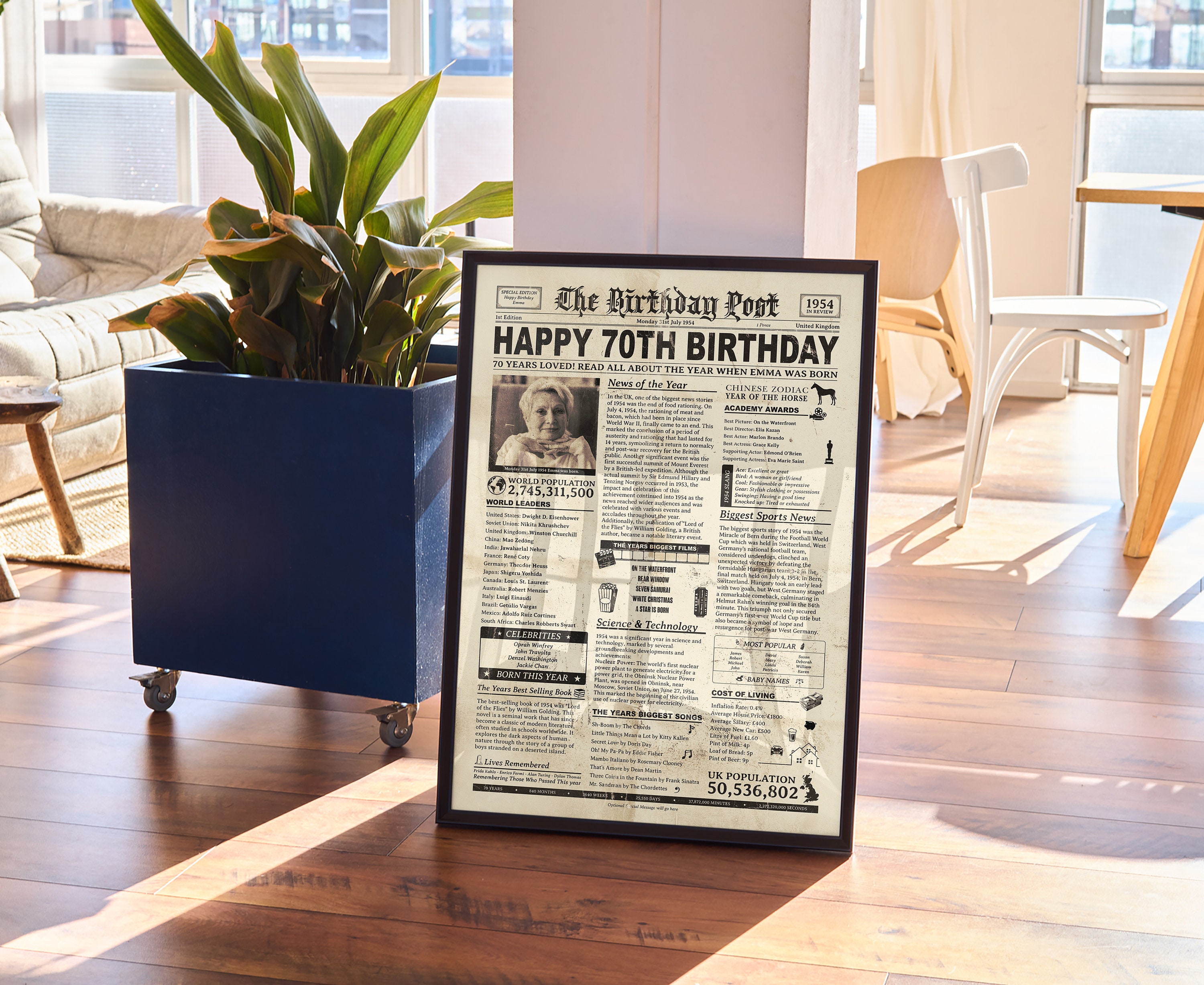 UK PRINTABLE: 70th Birthday Newspaper 1954 UK, 70th Birthday Gift for ...