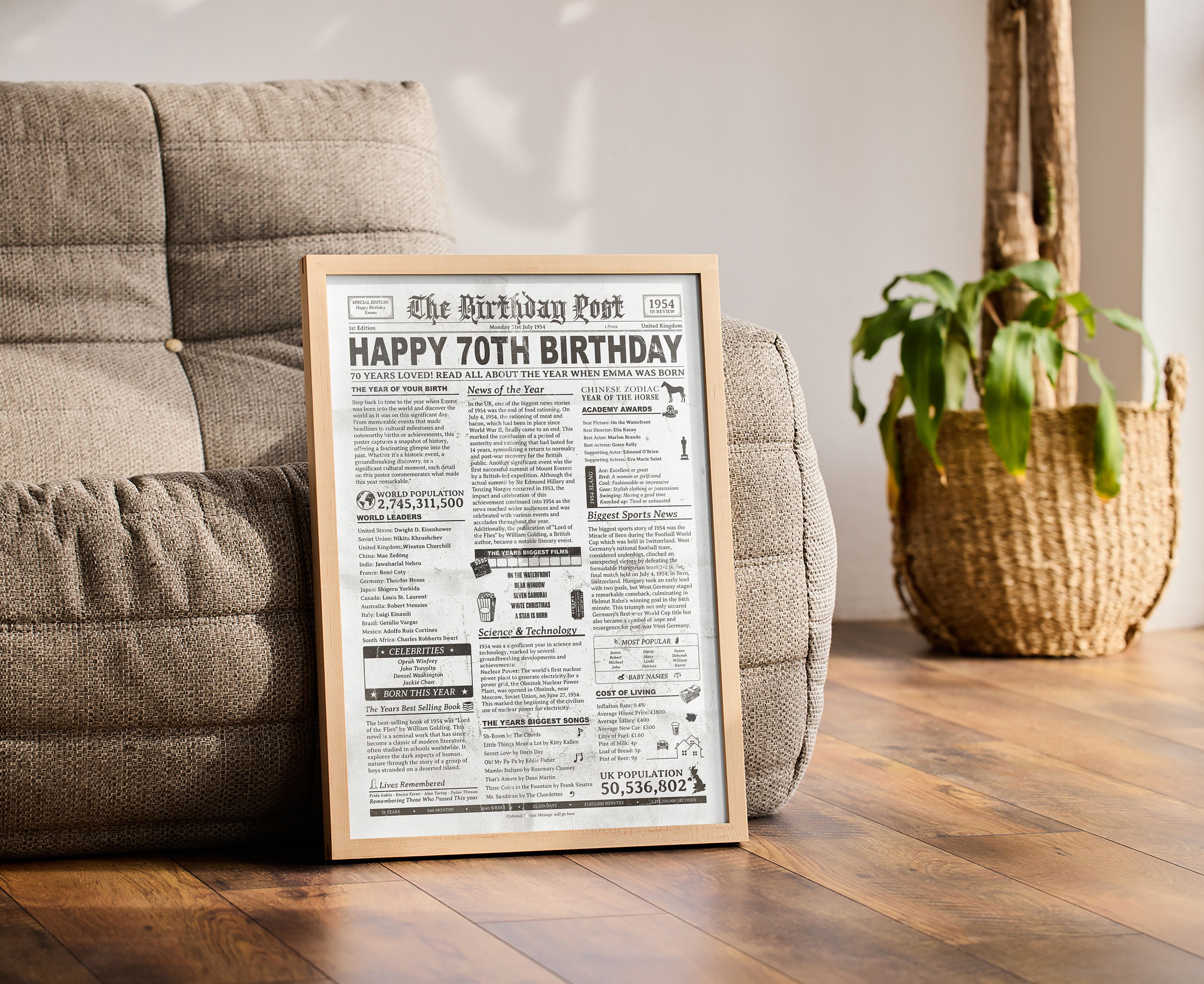 UK PRINTABLE: 70th Birthday Newspaper 1954 UK, 70th Birthday Gift for ...
