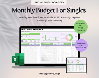 May include: A digital download for a monthly budget spreadsheet for singles. The spreadsheet includes a dashboard, debt calculator, bill summary, expense summary, and bills summary. The spreadsheet is available in all currencies. The image shows a laptop screen with the spreadsheet open and a smaller screen showing a portion of the spreadsheet. The text "KEEP TRACK OF YOUR FINANCES" is in a green box on the right side of the image. The text "AVAILABLE IN ALL CURRENCIES" is in a purple box on the right side of the image.