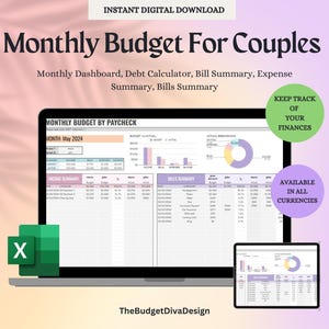 Könnte beinhalten: Ein digitaler Download für eine monatliche Haushaltsbudget-Tabelle für Paare. Die Tabelle enthält Abschnitte für Einkommen, Ausgaben, Rechnungen und Schulden. Die Tabelle ist in allen Währungen verfügbar. Die Tabelle soll Paaren helfen, ihre Finanzen zu verfolgen und fundierte finanzielle Entscheidungen zu treffen.