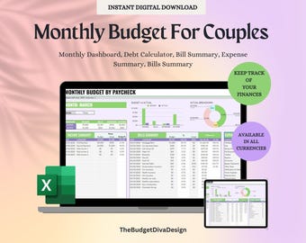 May include: A digital download for a monthly budget spreadsheet for couples. The spreadsheet includes a dashboard, debt calculator, bill summary, expense summary, and bills summary. The spreadsheet is available in all currencies. The image shows a laptop screen with the spreadsheet open, and a smaller screen showing a portion of the spreadsheet. The text "MONTHLY BUDGET BY PAYCHECK" and "MONTH: MARCH" is visible on the spreadsheet.