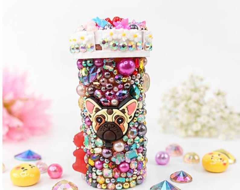 Handmade French Bulldog Bling Pill Bottle, rhinestone-covered with a French Bulldog charm