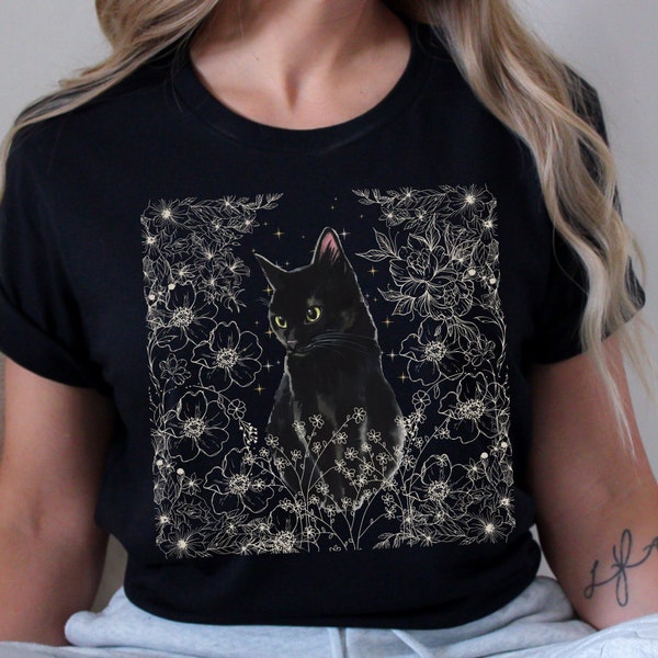 Black Cat Shirt Starry Night Flowers T-Shirt Floral Garden Tshirt Cottagecore T Shirt Cat Mom Shirt Magical Cat Witchy Gift Cat Lovers Gift