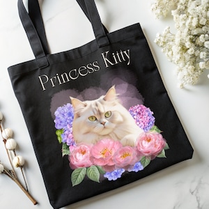Sac fourre-tout chat personnalisé Sac à fleurs Chat persan Sac du marché floral Sac à livres en toile Cadeau pour enseignant Cadeau pour maman chat Cadeau personnalisé pour amoureux des chats