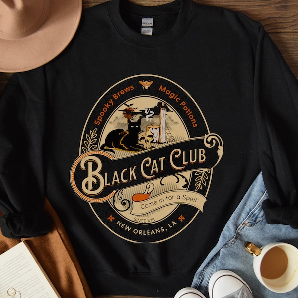 Vintage Sweatshirt ,Black Cat Club, Vintage-Shirt Witchy Black Cat, Halloweenshirt Black Cat, Black Cat Halloween, Gothic Halloween Shirting