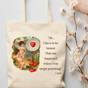 Tragetasche Vintage Romantik Tasche Lustige Amor Zitat Leinentaschen Schwarz Natürliche Canvas Tote Lustige Valentinstag Geschenk für Bogenschießen-Liebhaber Geschenk